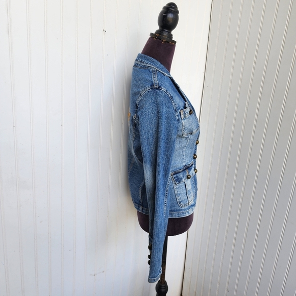 Faded Glory Blue and Orange Jean Jacket with Distressing and Floral Design - Picture 11 of 15